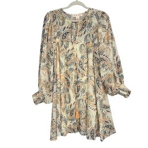 Flying Tomato Womens Long Sleeve Creme Mini Dress‎ Paisley Print Boho Size L